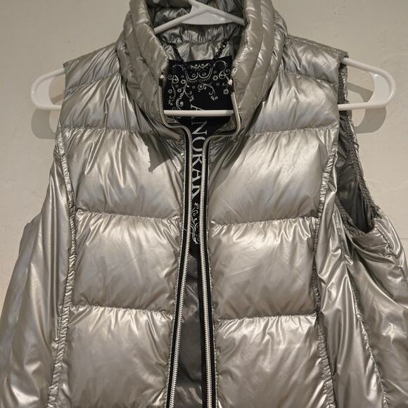 My Anorak Metallic Silver Long-Line Double Zipper Down Puffer Vest, Size XS - Picture 5 of 12